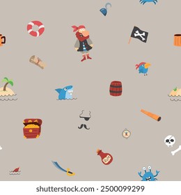 Cute Pirate elements Seamless Pattern. Cartoon items Pirate and objects. background. Vector illustration.