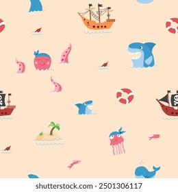 Cute Pirate elements Seamless Pattern. Cartoon items Pirate and objects. background. Vector illustration.