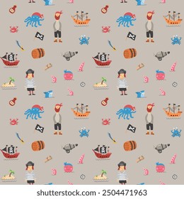 Cute Pirate elements Seamless Pattern. Cartoon items Pirate and objects. background. Vector illustration.