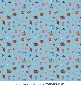 Cute Pirate elements Seamless Pattern. Cartoon items Pirate and objects. background. Vector illustration.