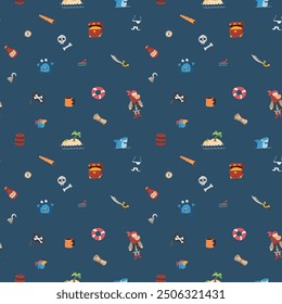 Cute Pirate elements Seamless Pattern. Cartoon items Pirate and objects. background. Vector illustration.