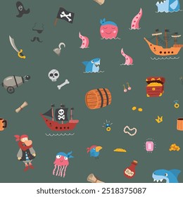 Cute Pirate elements Seamless Pattern. Cartoon items Pirate and objects. background. Vector illustration.