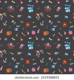 Cute Pirate elements Seamless Pattern. Cartoon items Pirate and objects. background. Vector illustration.