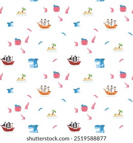Cute Pirate elements Seamless Pattern. Cartoon items Pirate and objects. background. Vector illustration.