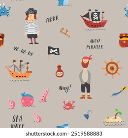 Cute Pirate elements Seamless Pattern. Cartoon items Pirate and objects. background. Vector illustration.