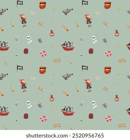 Cute Pirate elements Seamless Pattern. Cartoon items Pirate and objects. background. Vector illustration.