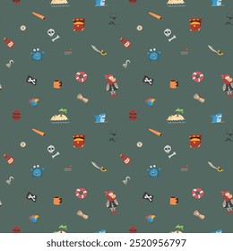 Cute Pirate elements Seamless Pattern. Cartoon items Pirate and objects. background. Vector illustration.