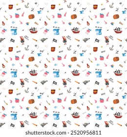 Cute Pirate elements Seamless Pattern. Cartoon items Pirate and objects. background. Vector illustration.