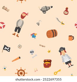 Cute Pirate elements Seamless Pattern. Cartoon items Pirate and objects. background. Vector illustration.