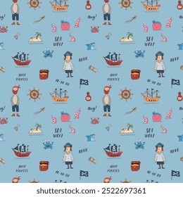 Cute Pirate elements Seamless Pattern. Cartoon items Pirate and objects. background. Vector illustration.