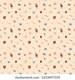Cute Pirate elements Seamless Pattern. Cartoon items Pirate and objects. background. Vector illustration.