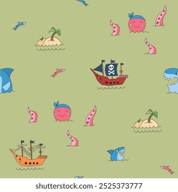 Cute Pirate elements Seamless Pattern. Cartoon items Pirate and objects. background. Vector illustration.