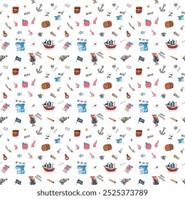 Cute Pirate elements Seamless Pattern. Cartoon items Pirate and objects. background. Vector illustration.