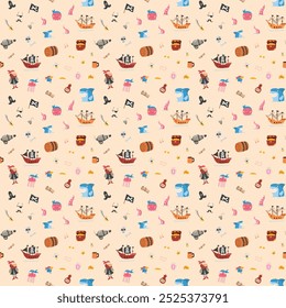 Cute Pirate elements Seamless Pattern. Cartoon items Pirate and objects. background. Vector illustration.