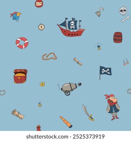 Cute Pirate elements Seamless Pattern. Cartoon items Pirate and objects. background. Vector illustration.