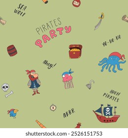 Cute Pirate elements Seamless Pattern. Cartoon items Pirate and objects. background. Vector illustration.