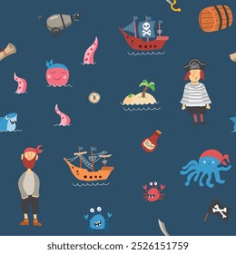 Cute Pirate elements Seamless Pattern. Cartoon items Pirate and objects. background. Vector illustration.