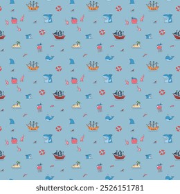 Cute Pirate elements Seamless Pattern. Cartoon items Pirate and objects. background. Vector illustration.