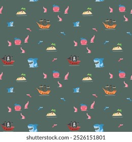 Cute Pirate elements Seamless Pattern. Cartoon items Pirate and objects. background. Vector illustration.