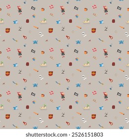 Cute Pirate elements Seamless Pattern. Cartoon items Pirate and objects. background. Vector illustration.