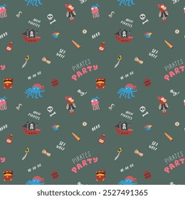 Cute Pirate elements Seamless Pattern. Cartoon items Pirate and objects. background. Vector illustration.