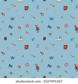 Cute Pirate elements Seamless Pattern. Cartoon items Pirate and objects. background. Vector illustration.