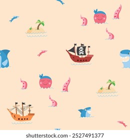 Cute Pirate elements Seamless Pattern. Cartoon items Pirate and objects. background. Vector illustration.