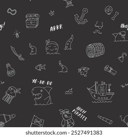 Cute Pirate elements Seamless Pattern. Cartoon items Pirate and objects. background. Vector illustration.