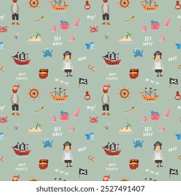 Cute Pirate elements Seamless Pattern. Cartoon items Pirate and objects. background. Vector illustration.