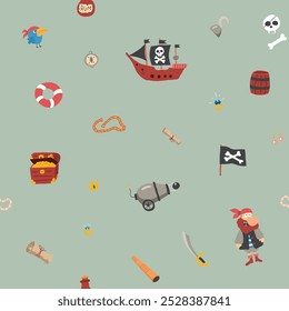 Cute Pirate elements Seamless Pattern. Cartoon items Pirate and objects. background. Vector illustration.