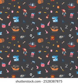 Cute Pirate elements Seamless Pattern. Cartoon items Pirate and objects. background. Vector illustration.