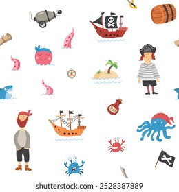 Cute Pirate elements Seamless Pattern. Cartoon items Pirate and objects. background. Vector illustration.