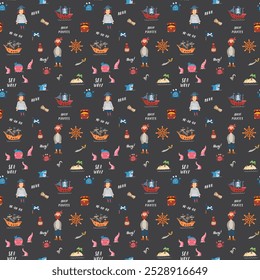 Cute Pirate elements Seamless Pattern. Cartoon items Pirate and objects. background. Vector illustration.