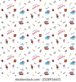 Cute Pirate elements Seamless Pattern. Cartoon items Pirate and objects. background. Vector illustration.