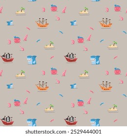 Cute Pirate elements Seamless Pattern. Cartoon items Pirate and objects. background. Vector illustration.