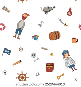 Cute Pirate elements Seamless Pattern. Cartoon items Pirate and objects. background. Vector illustration.