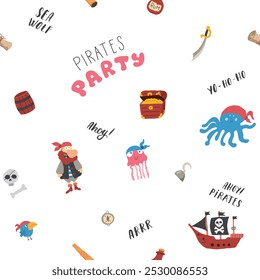 Cute Pirate elements Seamless Pattern. Cartoon items Pirate and objects. background. Vector illustration.