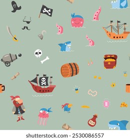 Cute Pirate elements Seamless Pattern. Cartoon items Pirate and objects. background. Vector illustration.