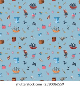 Cute Pirate elements Seamless Pattern. Cartoon items Pirate and objects. background. Vector illustration.