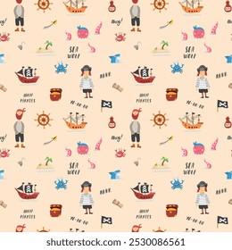 Cute Pirate elements Seamless Pattern. Cartoon items Pirate and objects. background. Vector illustration.