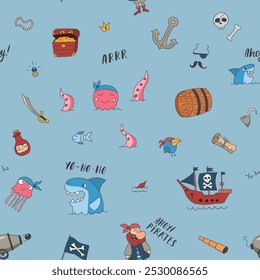 Cute Pirate elements Seamless Pattern. Cartoon items Pirate and objects. background. Vector illustration.