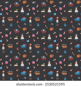 Cute Pirate elements Seamless Pattern. Cartoon items Pirate and objects. background. Vector illustration.