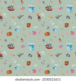 Cute Pirate elements Seamless Pattern. Cartoon items Pirate and objects. background. Vector illustration.