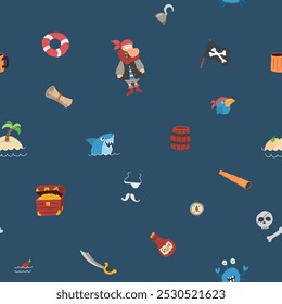 Cute Pirate elements Seamless Pattern. Cartoon items Pirate and objects. background. Vector illustration.