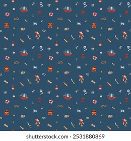 Cute Pirate elements Seamless Pattern. Cartoon items Pirate and objects. background. Vector illustration.