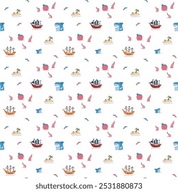 Cute Pirate elements Seamless Pattern. Cartoon items Pirate and objects. background. Vector illustration.