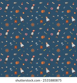 Cute Pirate elements Seamless Pattern. Cartoon items Pirate and objects. background. Vector illustration.