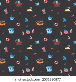 Cute Pirate elements Seamless Pattern. Cartoon items Pirate and objects. background. Vector illustration.