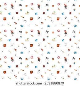 Cute Pirate elements Seamless Pattern. Cartoon items Pirate and objects. background. Vector illustration.