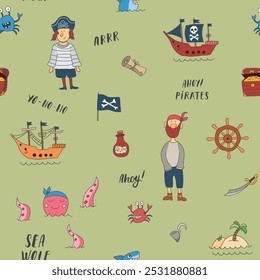 Cute Pirate elements Seamless Pattern. Cartoon items Pirate and objects. background. Vector illustration.